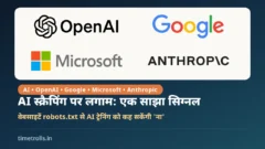 AI स्क्रैपिंग पर साझा robots.txt सिग्नल: OpenAI, Google, Microsoft और Anthropic के आधिकारिक लोगो के साथ TimeTrolls का ग्राफिक