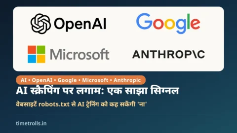 AI स्क्रैपिंग पर साझा robots.txt सिग्नल: OpenAI, Google, Microsoft और Anthropic के आधिकारिक लोगो के साथ TimeTrolls का ग्राफिक
