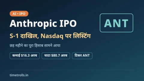 Anthropic IPO: S-1 फाइलिंग, Nasdaq ANT टिकर और छमाही कमाई-घाटे के आंकड़ों पर TimeTrolls का ग्राफिक
