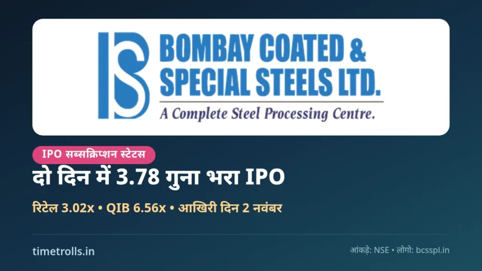 Bombay Coated IPO subscription status, Bombay Coated and Special Steels का आधिकारिक लोगो, TimeTrolls.in ग्राफिक