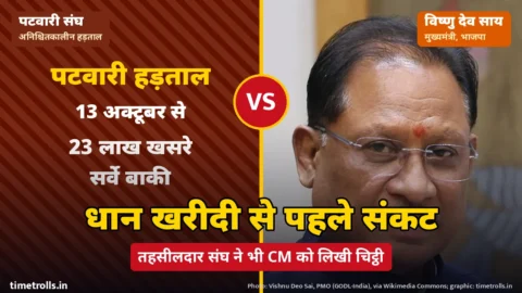 पटवारी हड़ताल का ग्राफिक और मुख्यमंत्री विष्णु देव साय की तस्वीर, बीच में VS और धान खरीदी से पहले संकट शीर्षक