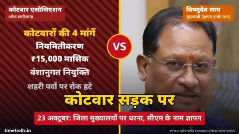 कोटवारों की चार मांगों वाला ग्राफिक और मुख्यमंत्री विष्णुदेव साय की तस्वीर, बीच में VS