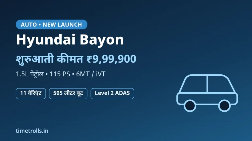 Hyundai Bayon launch: ₹9,99,900 शुरुआती कीमत, 1.5L पेट्रोल, 11 वेरिएंट, TimeTrolls.in का ग्राफिक