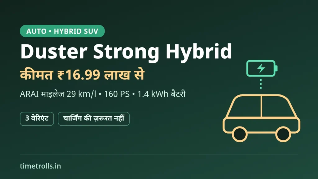 Duster Strong Hybrid भारत में लॉन्च: कीमत ₹16.99 लाख से, 29 km/l ARAI माइलेज, TimeTrolls.in का ग्राफिक