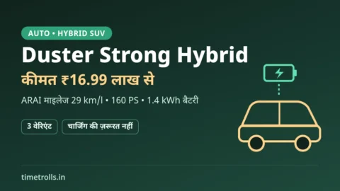 Duster Strong Hybrid भारत में लॉन्च: कीमत ₹16.99 लाख से, 29 km/l ARAI माइलेज, TimeTrolls.in का ग्राफिक