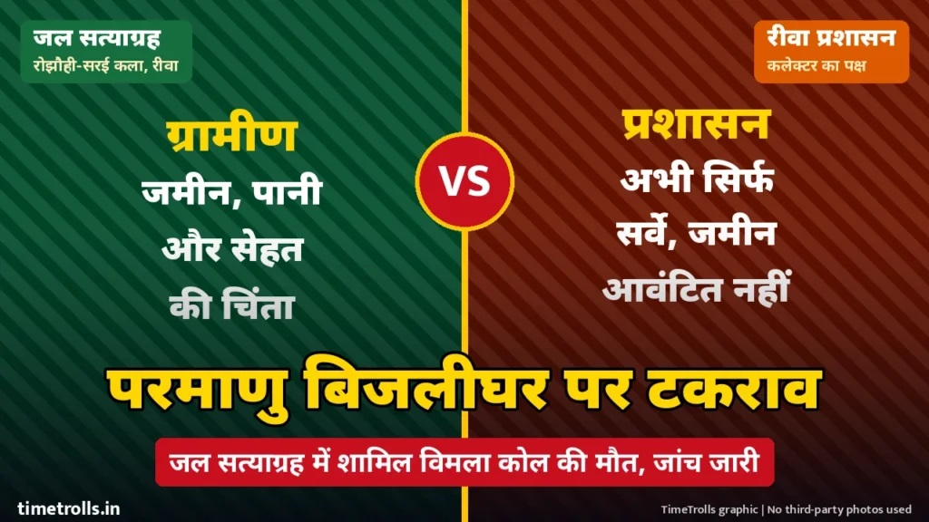 रीवा परमाणु बिजलीघर विवाद पर ग्रामीणों और प्रशासन के पक्ष वाला दो हिस्सों का ग्राफिक, बीच में VS